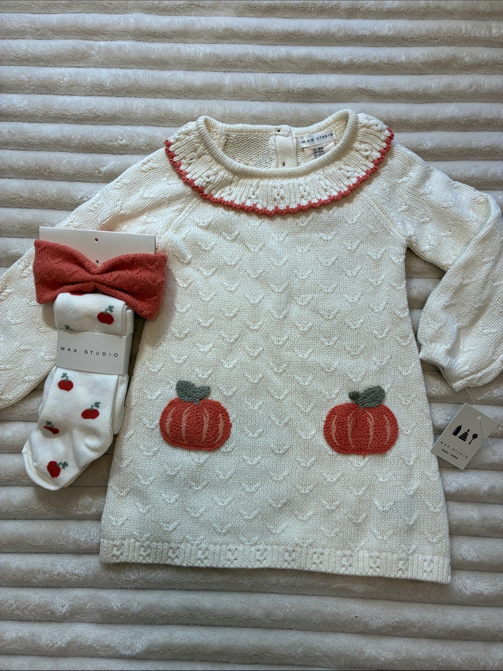 NWT Max Studio 18m Pumpkin Sweater Dress Set Tights Headband Fall